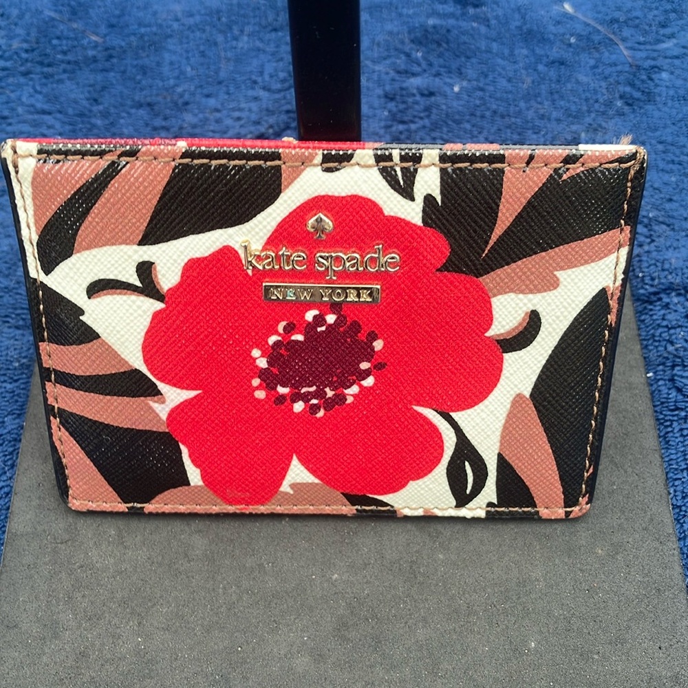 Kate Spade Black & Red Floral Saffiano Leather Credit Card Holder